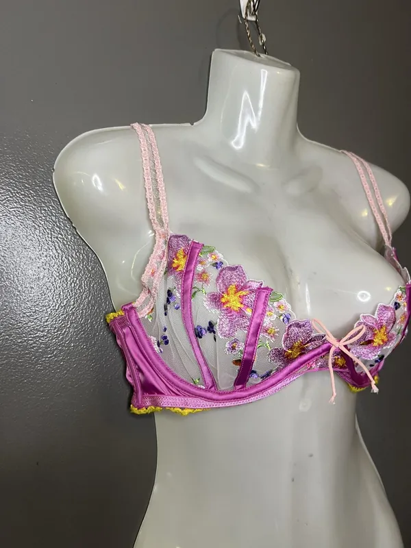 For Love & Lemons Bra Womens Medium Pink Lace Floral Balconette Underwire Sheer - Image 2
