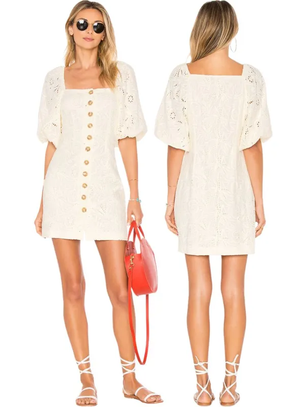 Free People Daniella Eyelet Mini Dress Women's 2 Ivory Puff Sleeve Boho Cotton - Image 2