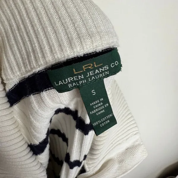 Lauren  Big Button High Neck Striped Pullover Sweater Small White - Image 3