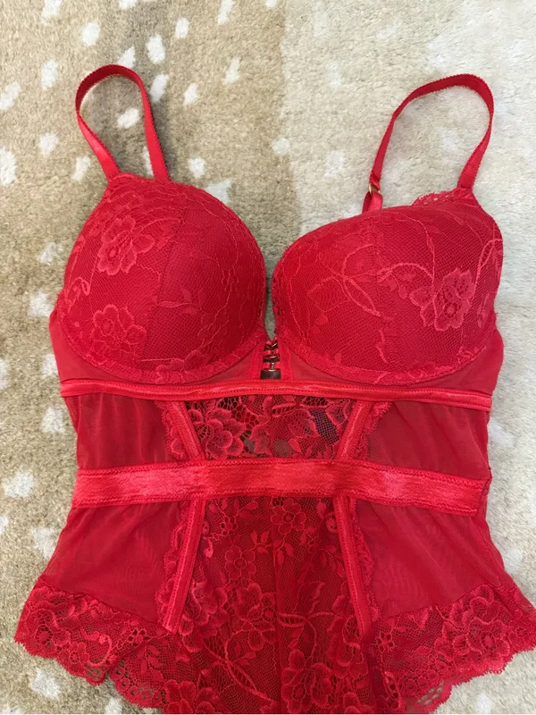 Rachel Roy Red Lace Bodysuit Teddy Size L Underwire Sheer Lingerie - Image 5