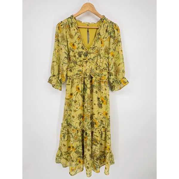 Floral Romantic Prairie Midi Maxi Dress Yellow Green Botanical Ruffle Size Large - Image 2