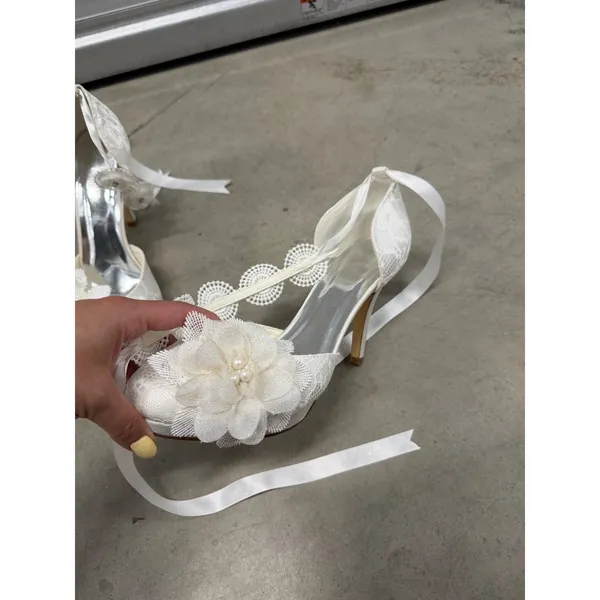 White Lace Floral Bridal Heels Ribbon Tie Ankle Strap Wedding Pumps Size 42 - Image 4
