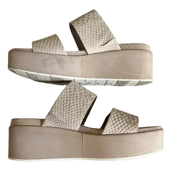 J/Slides NYC Womens 8.5 Taupe Snakeskin Embossed Leather Platform‎ Slide Sandals - Image 5