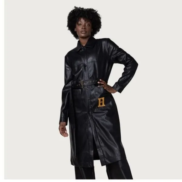 NWT Honor The Gift Vegan Leather Belted Trench Coat S Black Oversized Logo - Image 6