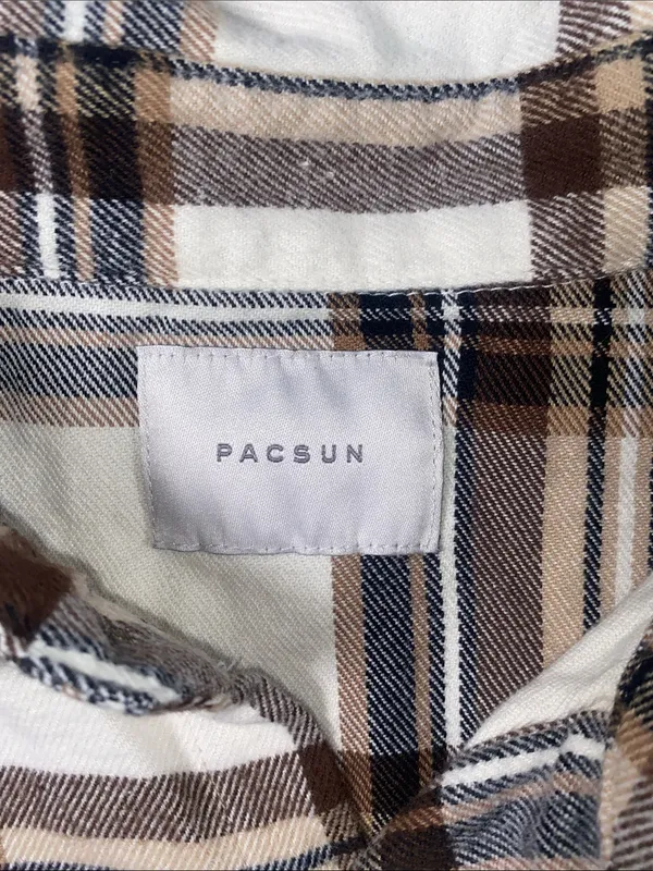 PacSun Fall White, Brown & Tan Flannel Plaid Button-Down Shirt - Image 2