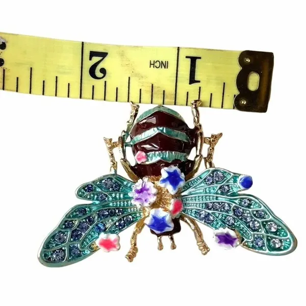Jeweled Bee Brooch Gold Tone Enamel Rhinestone Floral Insect Pin - Image 6