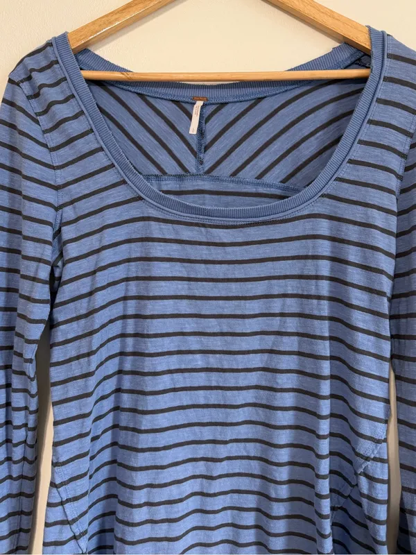 Free People Striped Blue Long Sleeve Top Size Large Shirt Boho Cotton - Image 4