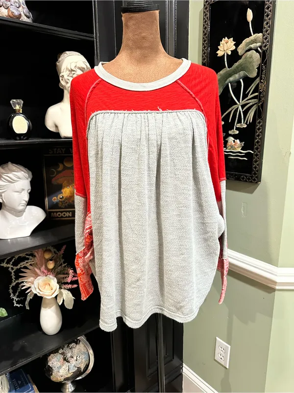 Free People We The Free “Friday Fever” Thermal Top in Red + Grey with Patterned - Image 8