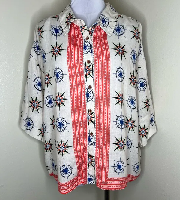 By Anthropologie Linen Blend Top MEDIUM Oversized Bohemian Button Printed Hippie - Image 2