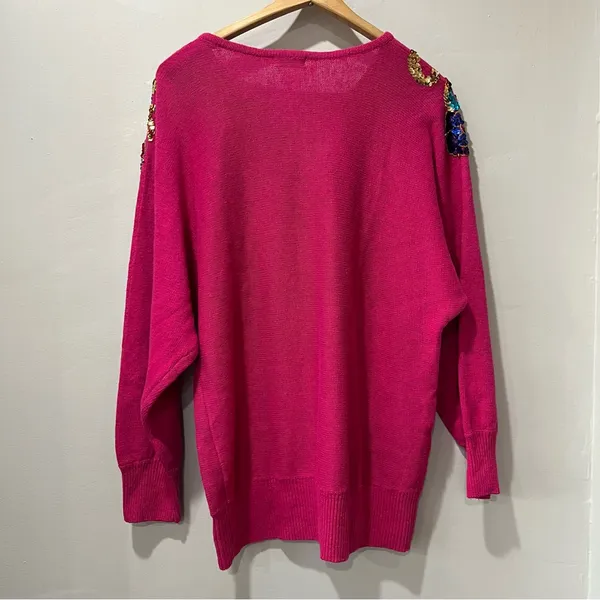 Vintage SML Glitz 80s Pink Knit Sequin‎ Funky Cotton Blend Sweater sz XL. - Image 4