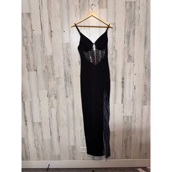 Black Rhinestone Mesh Evening Gown – Slit Maxi Dress, Size M - Image 3