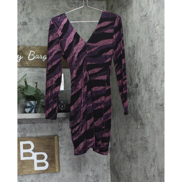NWT Siena Womens V Neck Metallic Side-Twist Long-Sleeve Dress Purple Multi 0 - Image 6