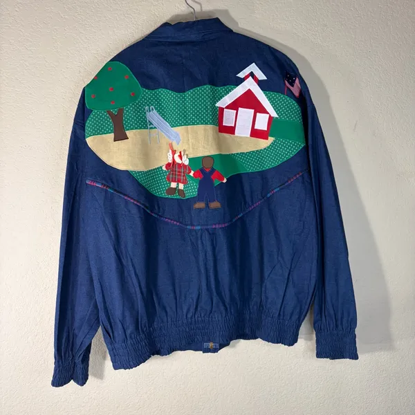 Vtg J.R. Morgan Designs Women’s Blue Jean Full Zip Appliqué Jacket Sz L Teacher - Image 6
