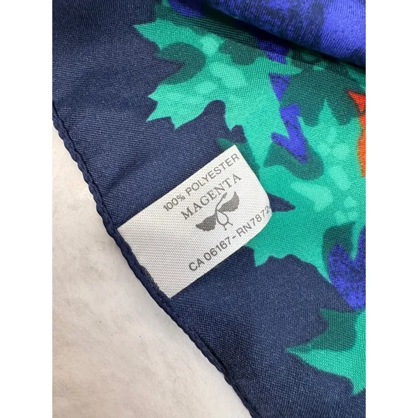 Magenta Vintage Square Scarf Made in Italy Navy Blue Green Leaf Bird Print - Image 4