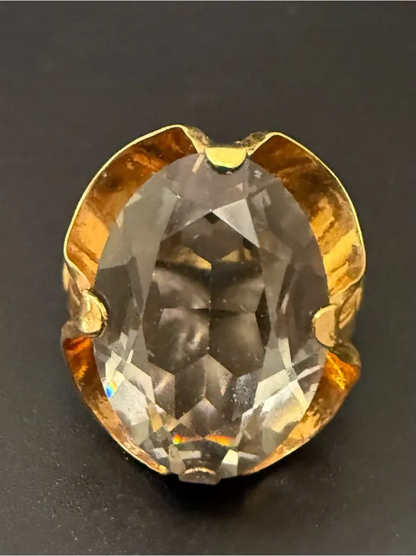 Vintage 18KT Electroplated Gold Oval Smoky Quartz Glass Cocktail Ring Size 4 - Image 2