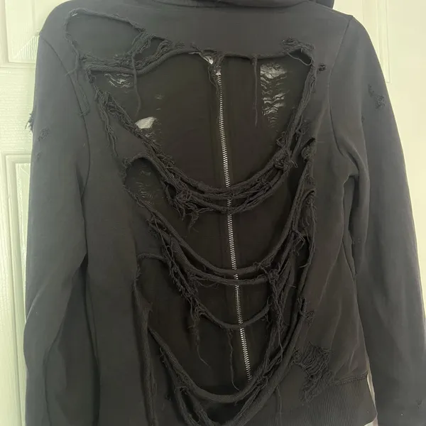 True Religion Full Zip Up Distressed Destroy Hoodie Black Ripped Mesh Goth Emo - Image 10