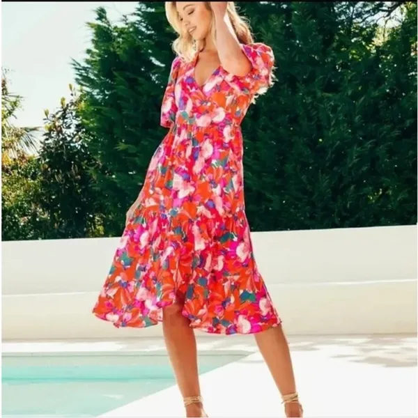 Anthropologie Abel the Label Red Pink Floral Smocked Waist Hi Lo Ruffle Dress M - Image 2
