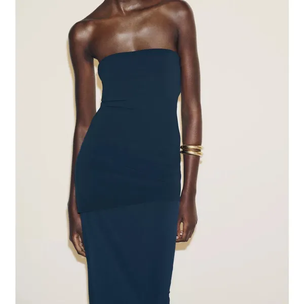 Zara NWT navy blue drop waist combination midi dress - Image 4