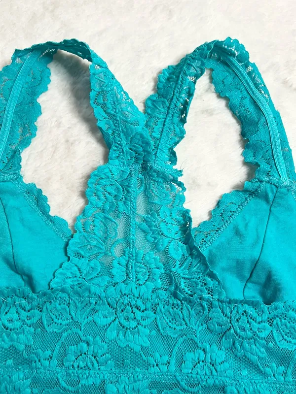 Teal Blue Lace Racerback Bralette Size Medium Aqua Wireless Comfort Lacy Stretch - Image 8