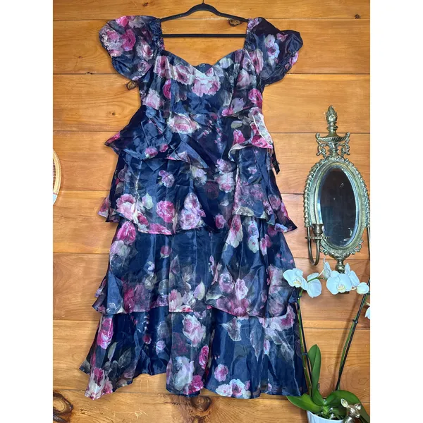 NWT Lulus Oh-So Stunning Navy Blue Floral Organza Tiered Midi Dress Cruise Sz S - Image 2