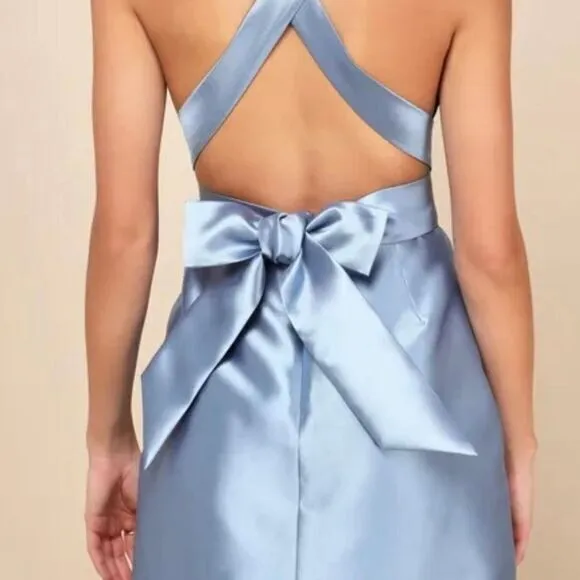 Lulu's NWT Posh Moment Slate Blue Backless Halter Dress Bow‎ Size XL - Image 2