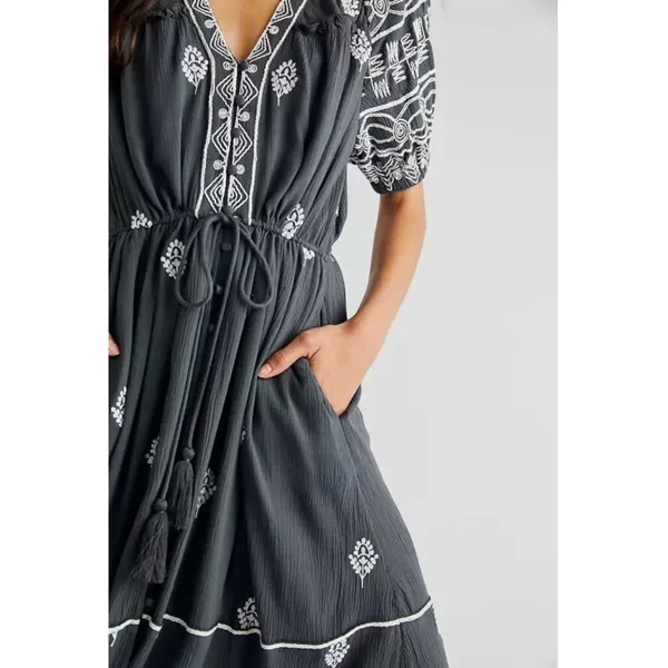 Free People Bohemian Witchy Riley Embroidered Midi Maxi Dress Duster Grey Medium - Image 6