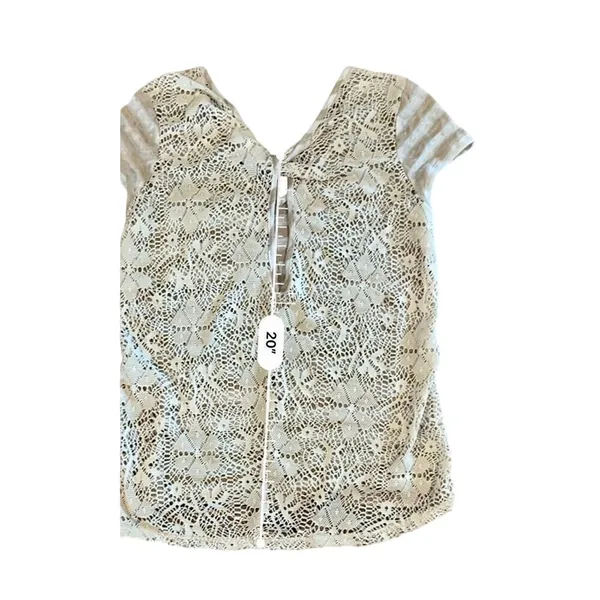 Moa Moa Cream‎ Tan Stripe Feminine Lacy Twist Cap Sleeve Top sz Small - Image 8