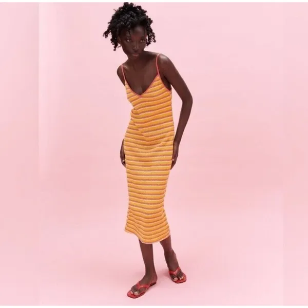 Zara Striped Crochet Knit Midi Dress Medium - Image 3