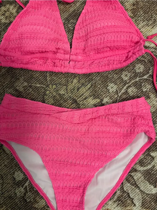SHEIN Hot Pink Textured Triangle Bikini Set - Image 2