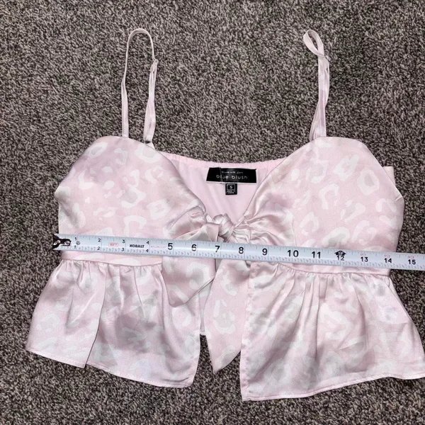 Blue Blush pink satin top with white leopard print, size S - Image 5