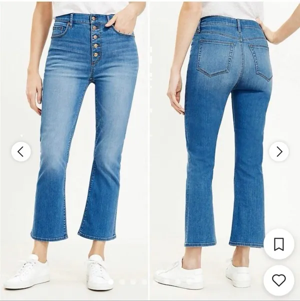Loft Bright Mid Indigo Wash Flare High Rise Kick Crop Button Fly Jeans Size 28/6 - Image 2