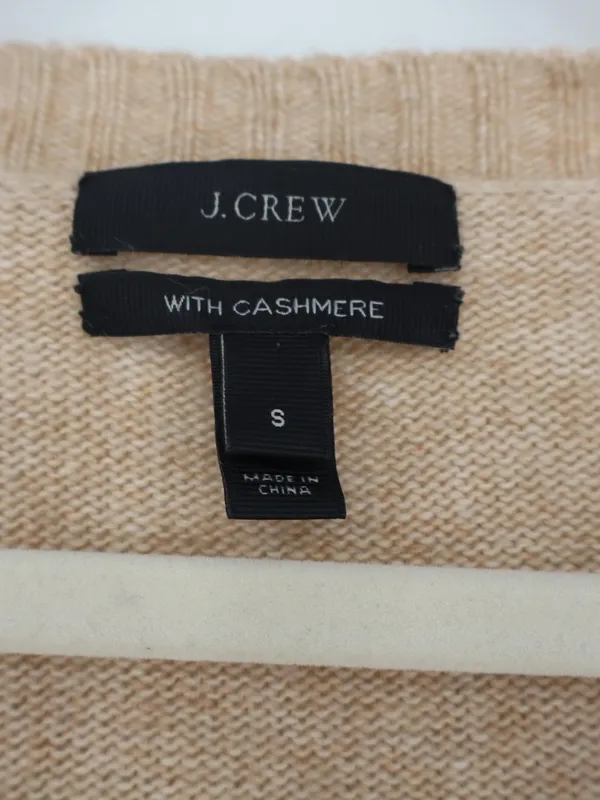 J.Crew Wool Cashmere V-Neck Sweater Small Tan Leather Sleeve Panels Tan - Image 4