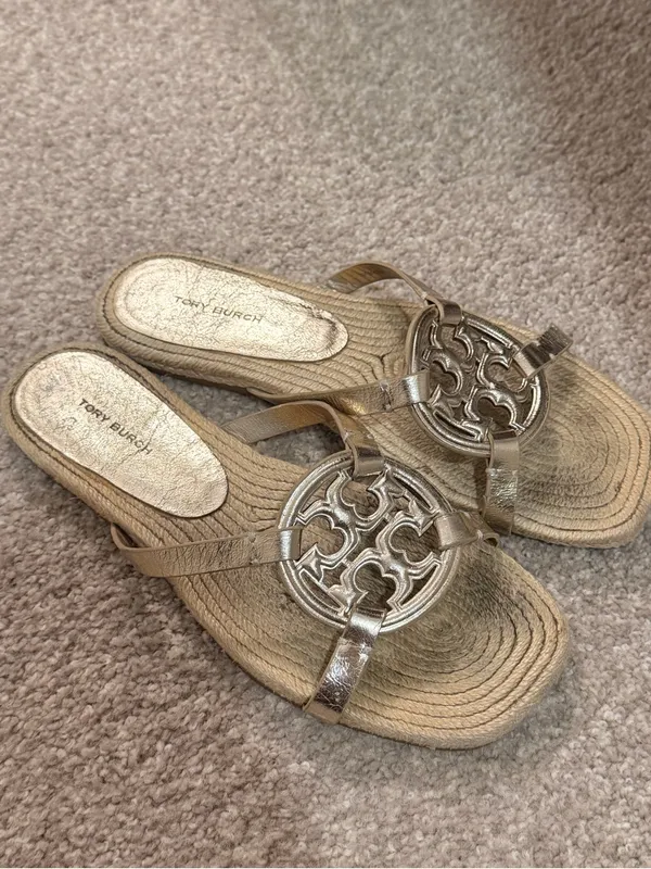 Tory Burch Metallic Gold Miller Logo Espadrille Slide Sandals - Image 7