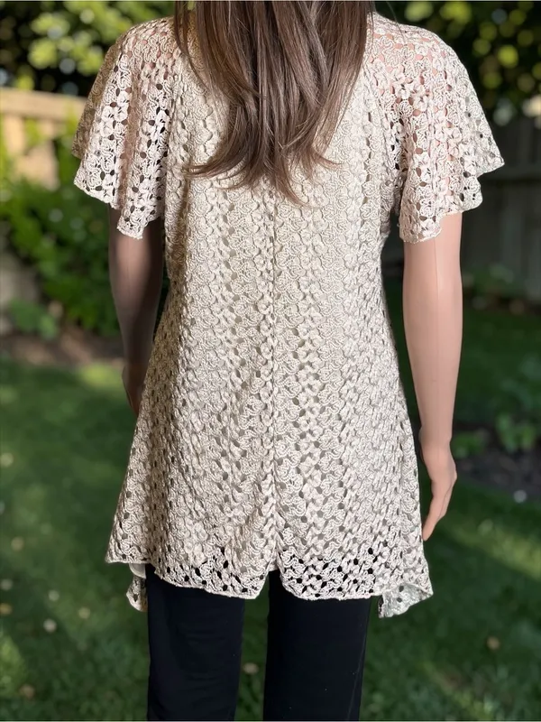 DressBarn Crochet Lace Tunic Top Large Beige Boho Swing Handkerchief Hem - Image 7
