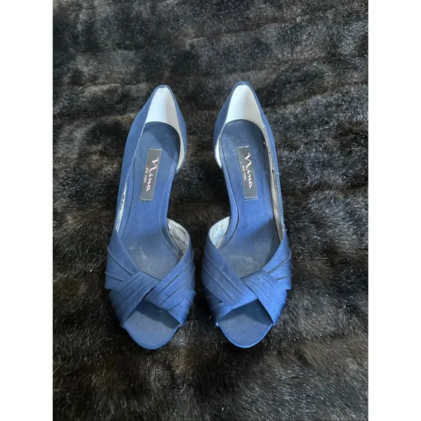 Nina Navy Blue Satin Peep Toe Heels Mid Heel Dress Shoes Size 6.5 wedding - Image 2