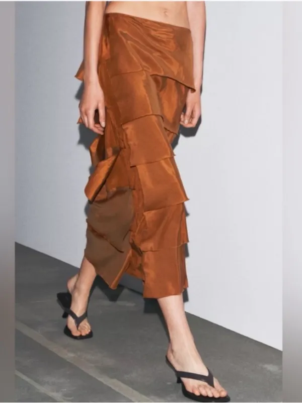Zara NWT burnt orange rust Layered tiered Pencil Midi Skirt - Image 3