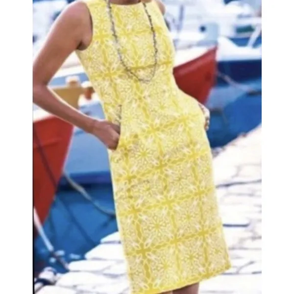 Boden Mustard Yellow Patterned Sleeveless Midi Sheath Classic Dress Size 6 - Image 3