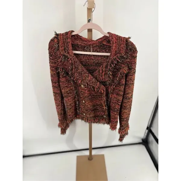 One Girl Who Anthropologie Double Breasted Tweed Fringe Knit Jacket Multicolor S - Image 9