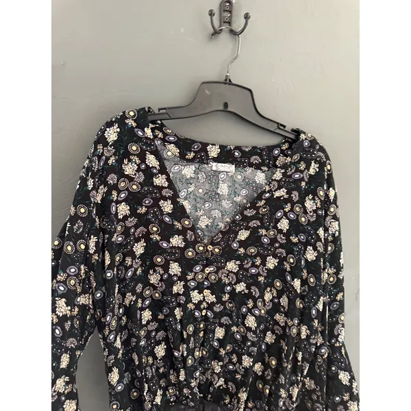 Intimately Free People Black‎ Floral Tiered Bell Sleeve Button Front Bodysuit M - Image 2