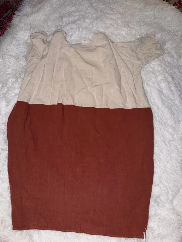 Two-Tone Beige and Rust Women’s Dress with Pockets Linen Blend - Image 3