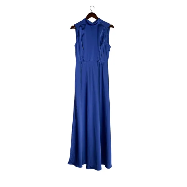 NWT Lulus Classic Elegance Satin Sleeveless Mock-Neck Slit Maxi Dress Large Blue - Image 2