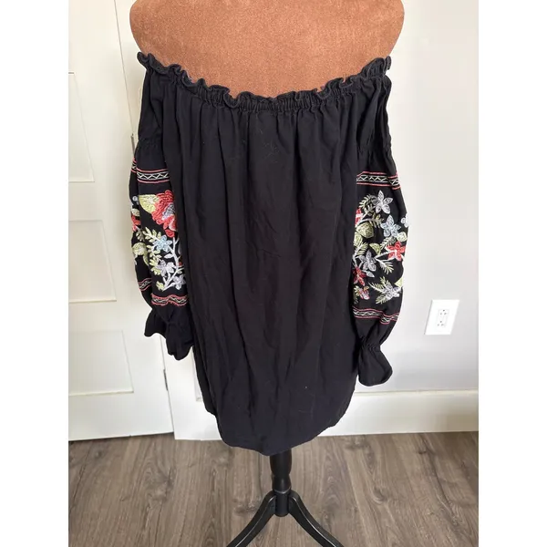 Free People‎ Fleur Du Jour Black Floral Embroidered Off Shoulder Dress Medium - Image 3