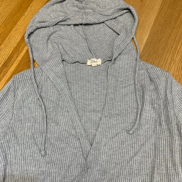 Elan Women Gray Ribbed‎ V Neck Hoodie Pullover Long Sleeve Casual Size Medium - Image 2