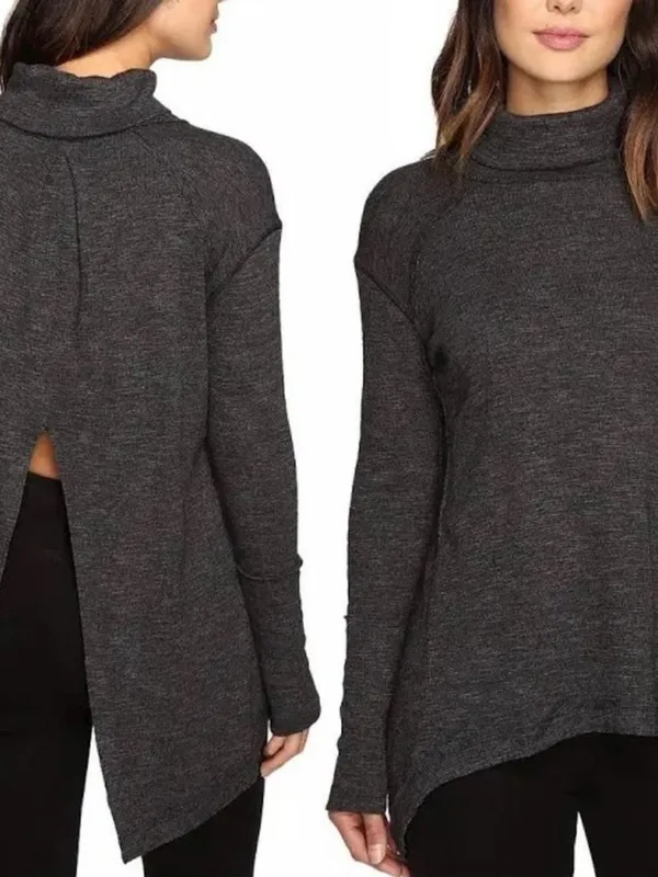 WE THE FREE People Charcoal Split Back Long Sleeve Turtleneck Tunic Top - Image 3