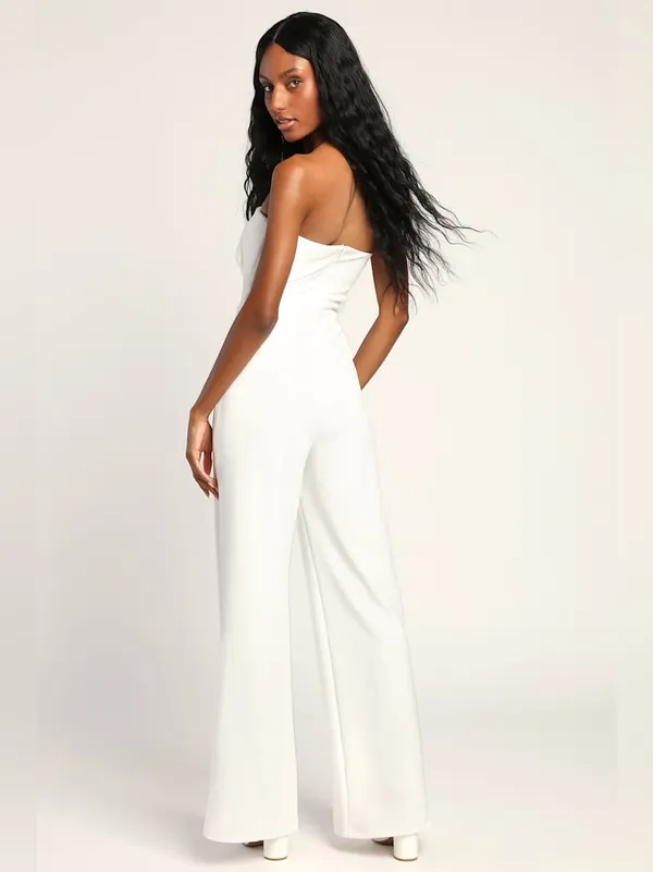 Lulus Ready to Impress White Strapless Tie-Front Wide-Leg Jumpsuit XS - Image 4