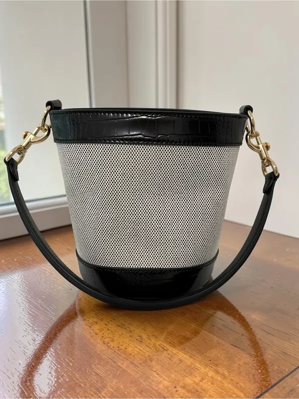 Jason Wu Textured Canvas Leather Crocodile Trim Bucket Bag - Image 4