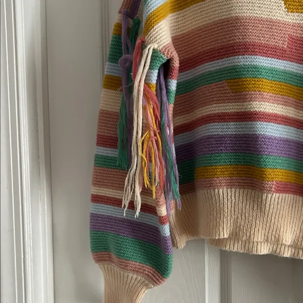 Multicolor Striped Fringe Crewneck Sweater - Women - Image 4