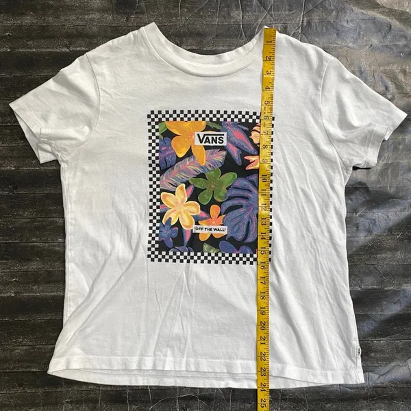 Vans White Tee Floral Leaf Checkered Graphic Print Short Sleeve Shirt - Image 6
