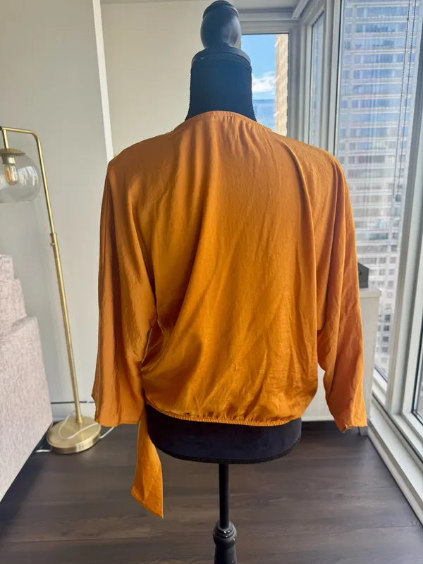 Express Mustard Yellow 3/4 Sleeve Silky Wrap Front Blouse Size Medium - Image 5