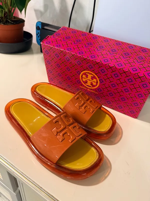 Orange Logo Slide Sandals with Yellow Footbed - Image 4